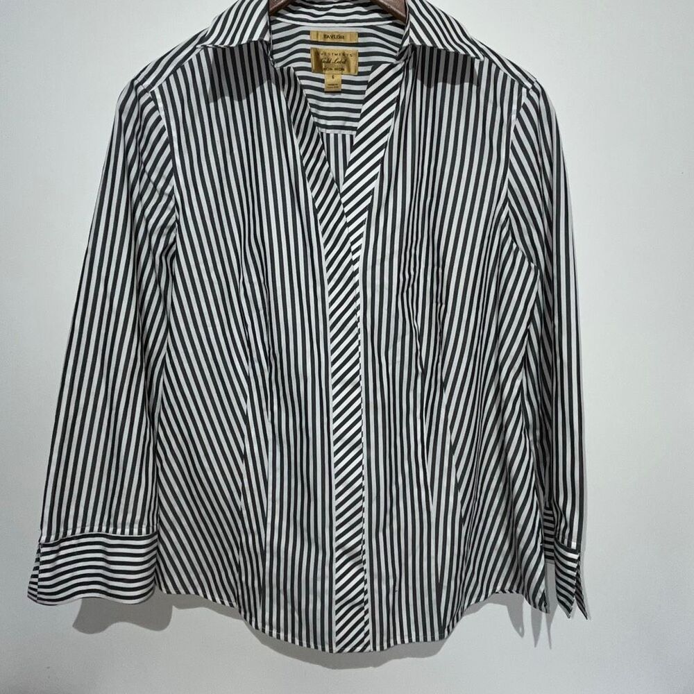 Taylor Gold Label Women's Black White‎ Non-Iron Stripe Long Sleeve Blouse Size 6